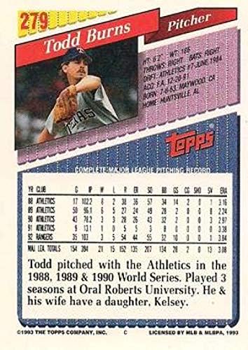 1993 Topps Altın Beyzbol 279 Todd Burns Texas Rangers Topps Şirketinden Resmi MLB Ticaret Kartı