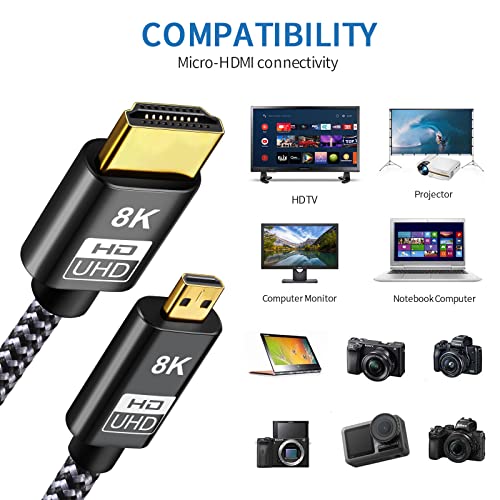 8K Mikro HDMI-HDMI Kablosu 3.3 Feet, Ultra Yüksek Hızlı 8K@60Hz 4K@120Hz 48Gbps HDMI Kablosu Dijital Kameralar, Video Kameralar,