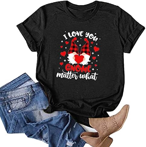 Sevgililer Günü Gömlek Kadın Kısa Kollu Komik Gnomes Grafik Mektup Baskı T Shirt Gevşek Fit Casual Bluz Tops