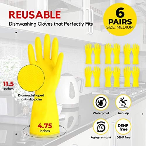 [6 Pairs] Bulaşık Eldivenleri - 11.5 İnç Orta Lastik Eldiven, Sarı Ağır Mutfak Eldiven, Uzun Bulaşık eldivenleri için Ev Temizlik,