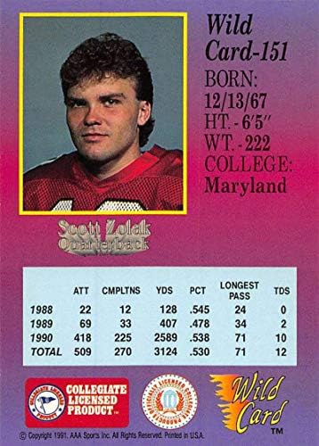1991 Wild Card Taslak Futbol 151 Scott Zolak Maryland Arazileri