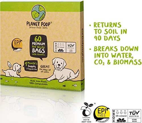 PLANET POOP Home Kompostlanabilir Köpek Kaka Torbaları Kulplu, Standart Boy, Biyolojik Olarak Parçalanabilen Kokusuz Köpek Atık