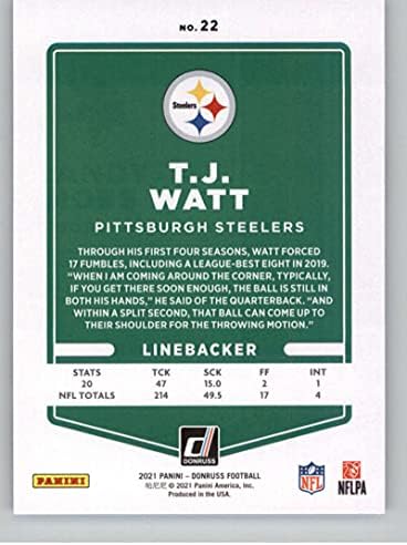 2021 Donruss 22 T. J. Watt Pittsburgh Steelers NFL Futbol Kartı NM-MT