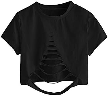 SweatyRocks kadın Kısa Kollu Kesme Tee Gömlek Sıkıntılı Kırpma Üst