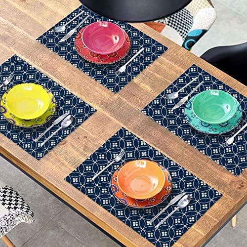 Placemats Japon Geleneksel Kraliyet Mavi Geometrik Düğme Desen Mutfak Masa Placemats Leke Dayanıklı Anti-Skid Yıkanabilir Masa
