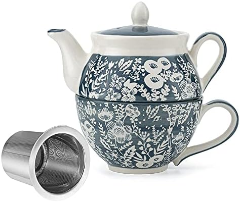 Taimei Çay Saati Mavi Çay Fincanı ve Tabağı Seti + Bir Set Paket için Gri Seramik Çaydanlık, 15 oz İngiliz Kırsal Tarzı Demlik