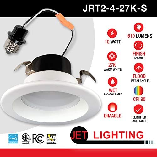 Jet Aydınlatma 12 Paket 4 İnç LED Güçlendirme Gömme Downlight Trim, Kısılabilir, 10W, 2700K Sıcak Beyaz, 610 LM, Pürüzsüz Yüzey,