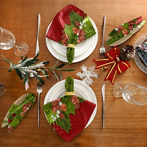 Pfrewn Merry Christmas Poinsettia Bez Peçeteler 1 Set Holly Çam Yaprakları Kırmızı Yemeği Peçeteler Katı Yıkanabilir Kullanımlık
