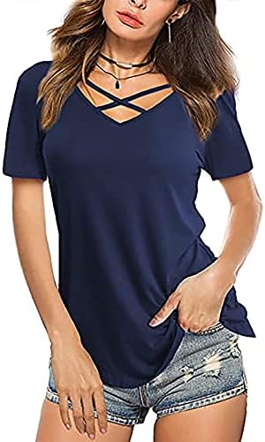 Bayan Yaz Kısa Kollu T Shirt Criss Çapraz T-Shirt Bluz V Boyun Tunik Rahat Rahat Gömlek Slim Fit Katı Tops