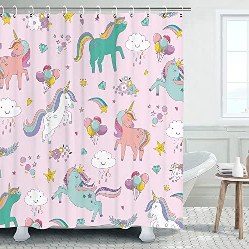 LİVİLAN Unicorn çocuk duşu Perde Seti 12 Kanca, Renkli Kız Bebek Kumaş Banyo Perdesi, Sevimli Karikatür Hayvan Modern Banyo Dekoru,