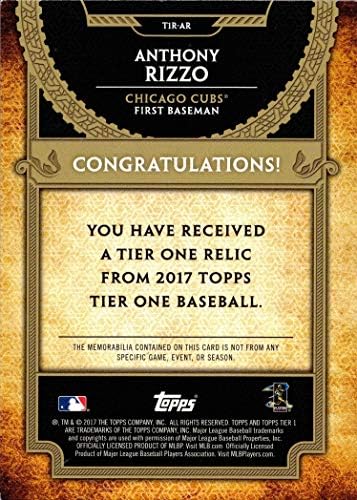 2017 Topps Tier One Emanetler T1R-AR Anthony Rizzo Oyunu Yıpranmış Chicago Cubs Jersey Beyzbol Kartı-Mavi Jersey Örneği-Sadece