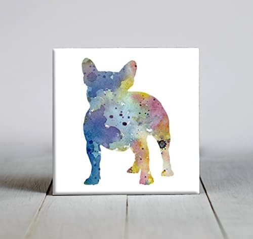 Fransız Bulldog Mavi Soyut Suluboya Sanat Dekoratif Çini (4.25 X 4.25 Çerçeveli)