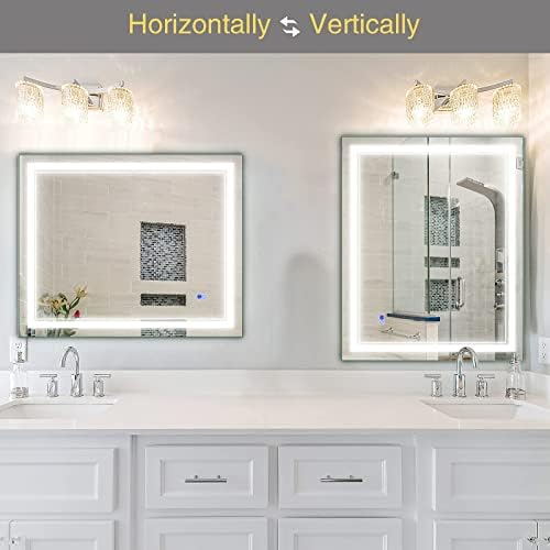 LED Banyo Aynası, 40x32 İnç Duvara Monte Işıklı Makyaj Aynası, Dokunmatik Düğmeli Kısılabilir Buğu Önleyici Makyaj Aynası, Dikey