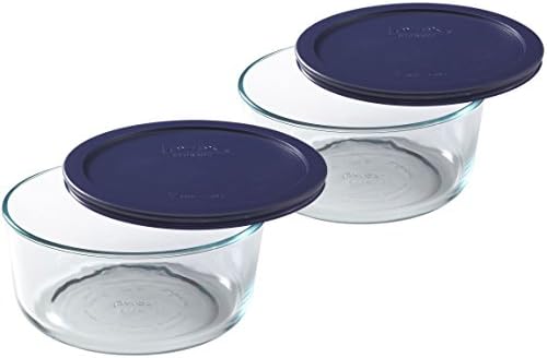 Pyrex Storage Plus 7-Cup Yuvarlak Cam Gıda Saklama Kabı, Mavi Kapak, 2'li Paket