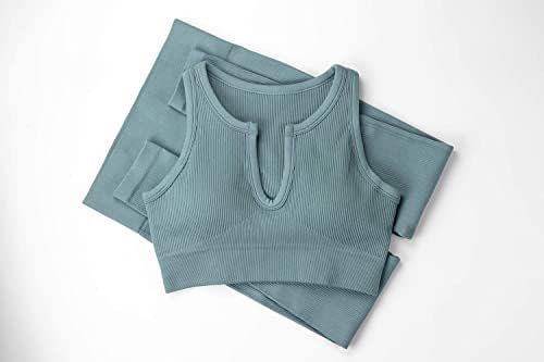 FAFOFA Egzersiz Kıyafetleri Kadınlar için 2 Parça Nervürlü Dikişsiz Kırpma Tankı Yüksek Bel Yoga Tayt Setleri