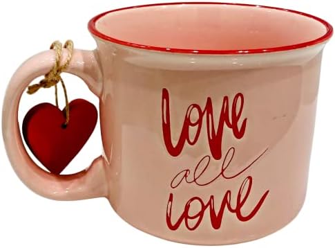 Prima Design'dan Kırmızı Süslemeli ve Kırmızı Ahşap Kalpli Sevgililer Günü AŞK Pembe Hediye Kupası