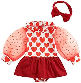 Yenidoğan Bebek Kız sevgililer Günü Kıyafeti Örgü Puf Uzun Kollu Kalp Baskı Romper Elbise Kafa Bandı 2 Adet Set