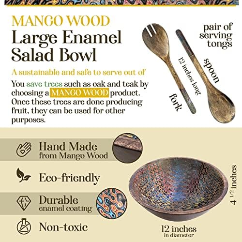 Sunucu Kaşıkları ile Dekoratif Ahşap Kase - Mango Ahşap Emaye servis kaseleri Karıştırma Meyve Salatası Makarna Patlamış Mısır