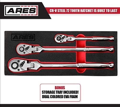 ARES 42028-3-Piece 72-Tooth Flex Başkanı Cırcır Seti-Premium Krom Vanadyum Çelik Konstrüksiyon ve Krom Kaplama Finish-72-Tooth