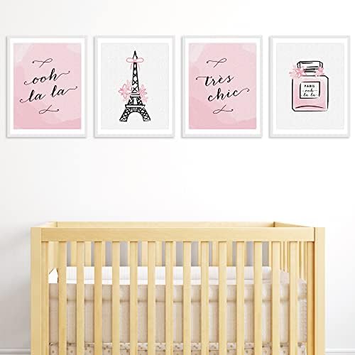 Mutluluk Büyük Nokta Paris, Ooh La La - Çerçevesiz Eyfel Kulesi Kreş ve Çocuk Odası Keten Kağıt Duvar Sanatı-4 Set-Artisms-11x14