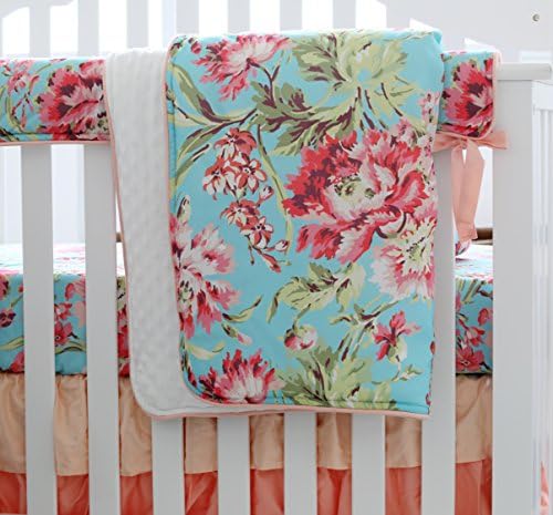 3 adet Set Boho Çiçek Fırfır Bebek Minky Battaniye Su Renk, Şeftali Çiçek Kreş Beşik Etek Seti Bebek Kız Beşik Yatak (Aqua)