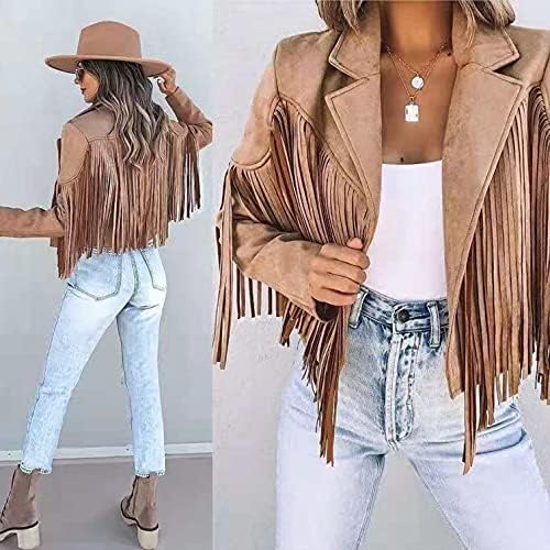 Bayan Vintage Püskül Kırpılmış Motor Biker Faux Süet Ceketler Uzun Kollu Hippi Boho Batı Cowgirl Fringe Coat Dış Giyim
