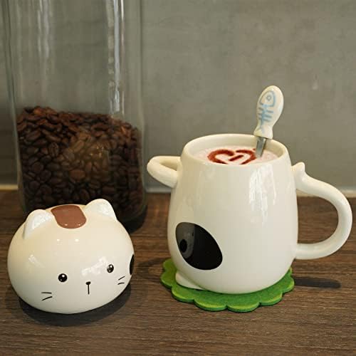 EPFamıly 14 Oz Sevimli Kedi Kahve Kupa Kedi severler için 3D Seramik Komik Çay kapaklı kupa ve Kaşık Hediye Kadınlar için Beyaz