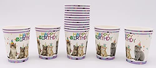 AMZPTBOY Kedi Doğum Günü Parti Malzemeleri ve Süslemeleri için 20 Konuk, Yavru Parti Tek Kullanımlık Sofra Kağıt Bardaklar Yemeği