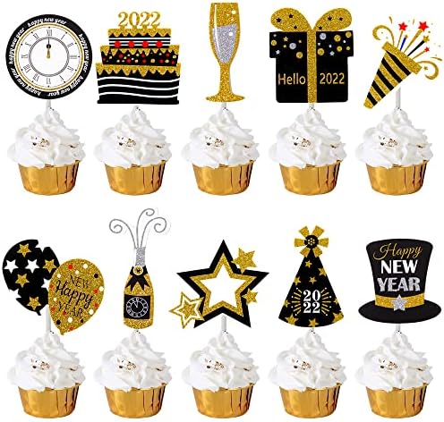 36 Pcs 2022 Mutlu Yeni Yıl Partisi Cupcake Toppers Siyah Altın Hello 2022 Cheers için 2022 Parti Dekorasyon için Yeni Yıl Eva