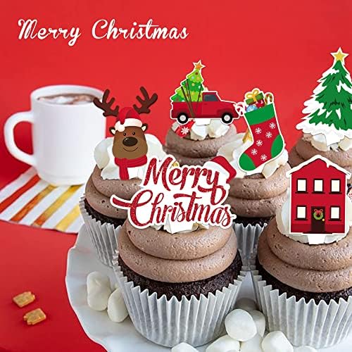 Noel Cupcake Toppers 72 pcs Noel Kek Süslemeleri için Santa Ağacı Kardan Adam Çorap Şeker Tema Parti Kek Toppers Noel Parti Malzemeleri