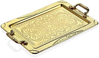 Kulplu Candymosa Altın Servis Tepsisi (17 x13) - Paslanmaz Çelik Elegance Altın Tepsi Dekoratif-Viski Tepsisi ve Bar Tepsisi-Yemek