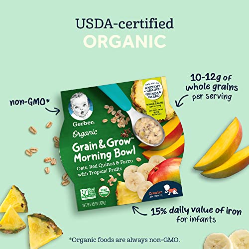 Gerber Organic Grain & Grow Morning Bowl, Yulaf, Kırmızı Quinoa ve Tropikal Meyveli Farro, 4,5 Ons (8'li Paket)