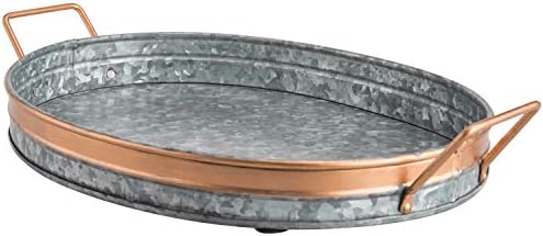 MyGift 16 İnç Rustik Gümüş Galvanizli Metal Oval Servis Tepsisi, Bakır Tonlu Jant ve Kulplu