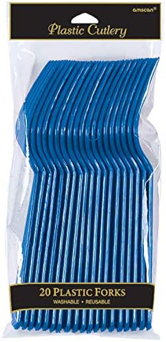 Amscan Premium Plastik Tek Kullanımlık Çatal, 20 adet, Parlak Koyu Mavi