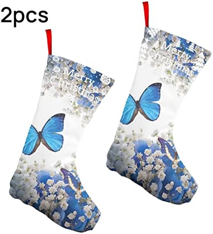 Mavi Kelebekler Beyaz Çiçekler Noel Çorap 2 Paket 10 İnç,Noel Çorap Noel Ağacı Şömine Asılı Çorap Noel Şeker Mevcut Çanta İçin