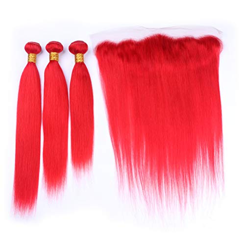 Zara Saç Düz Kırmızı Insan Saç Demetleri ıle Frontal Kapatma Parlak Kırmızı Renk Perulu Bakire Saç Örgü 3 Paket Fiyatları ıle